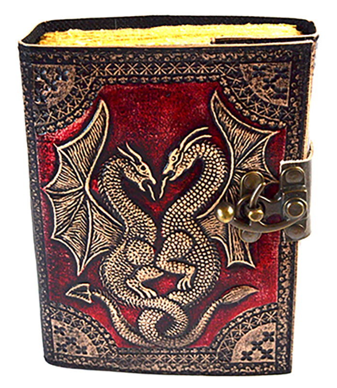 (image for) Red Double Dragon aged looking paper leather w/ latch 4 1/2" x 6 1/2" - Unlined