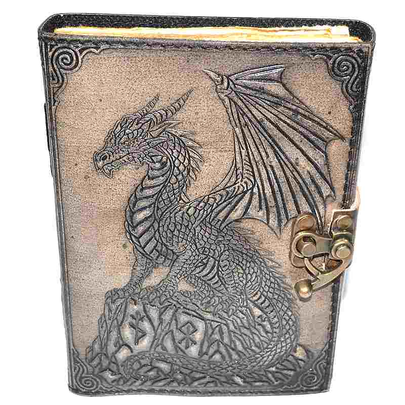 Dragon on Rock aged looking paper leather w/ latch (image for) Dragon on Rock aged looking paper leather w/ latch